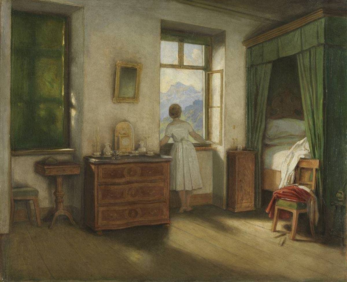 Moritz von Schwind | Die Morgenstunde | Displayed motifs: House, Chair, Nightstand, Window, Coat of arms, Clothing, Woman, 