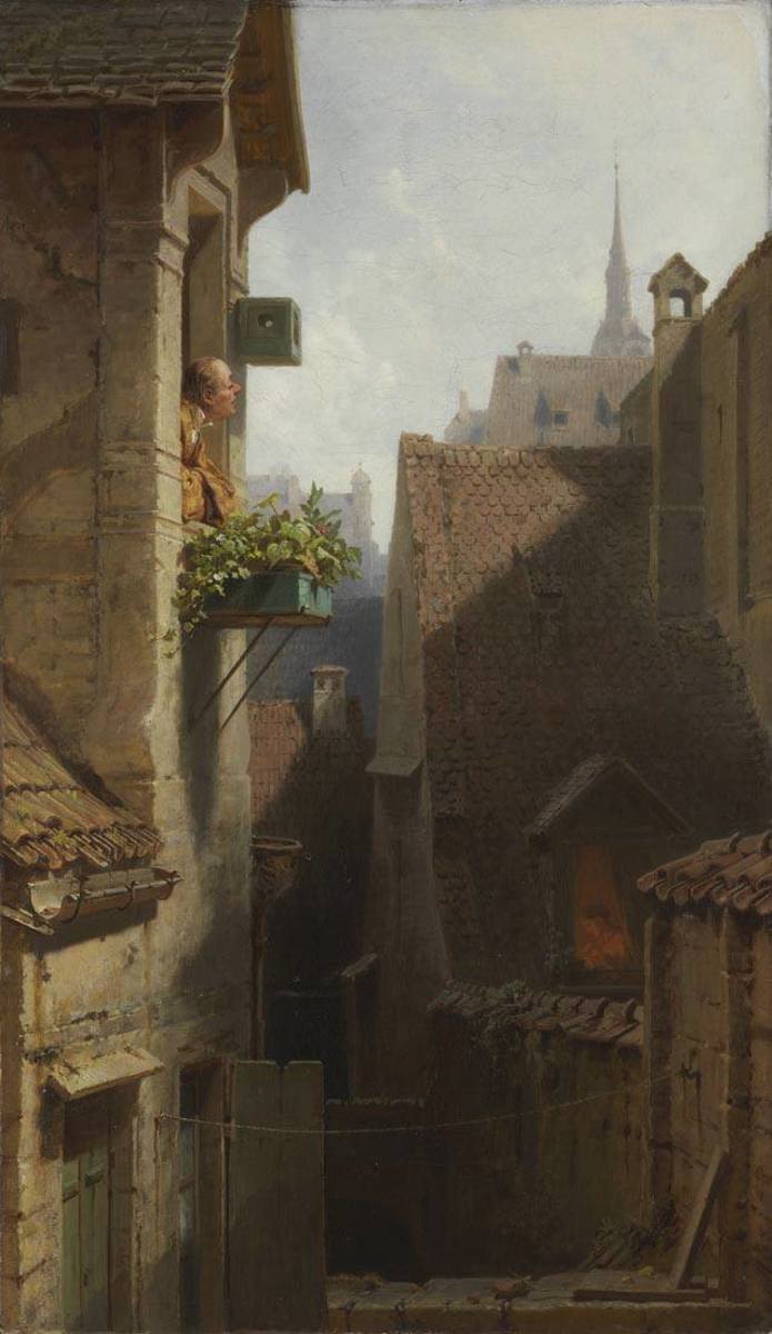 Carl Spitzweg | Ein Hypochonder | Displayed motifs: Building, Person, Clothing, Houseplant, Castle, Angel, Plant, 