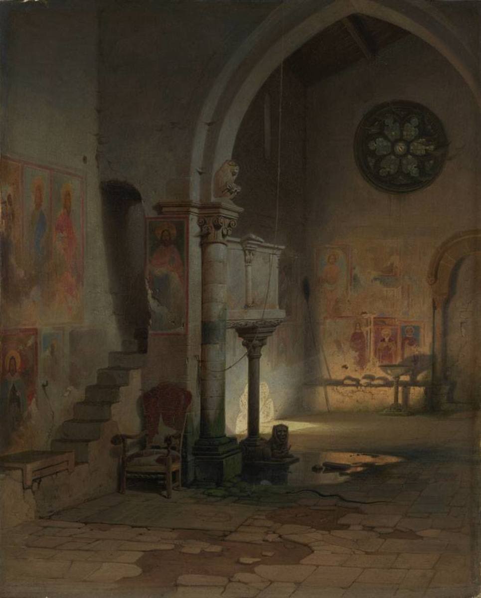 Carl Friedrich Heinrich Werner | Das Innere einer Kirche in den Pontinischen Sümpfen (Sant' Antonio Abate in Priverno) | Displayed motifs: Building, Chair, Putto, Clothing, Bench, Person, 