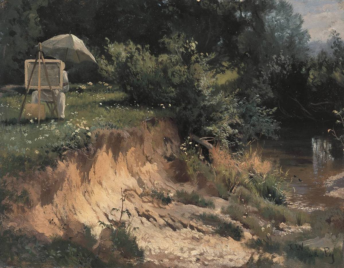 Joseph Wenglein | Adolf Lier beim Malen an der Kalter | Displayed motifs: Tree, Tent, Plant, 