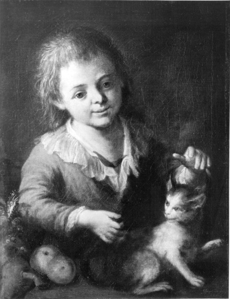 Franz Ignaz Oefele | Knabe mit Katze | Displayed motifs: Human face, Cat, Girl, Clothing, Woman, Animal, Putto, 