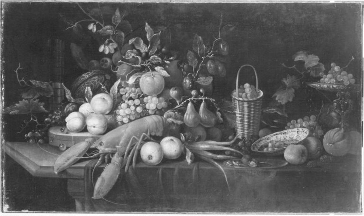 Dirck Barendsz | Früchtestillleben mit Hummer | Displayed motifs: Pumpkin, Wound, Vegetable, Lobster, Shrimp, Flower, 