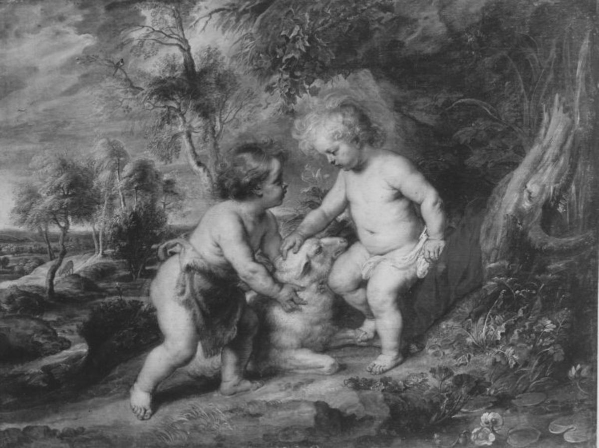 Peter Paul Rubens (Schule) | Jesus und Johannes in jugendlichem Alter | Displayed motifs: Boy, Putto, Human face, Tree, Footwear, 