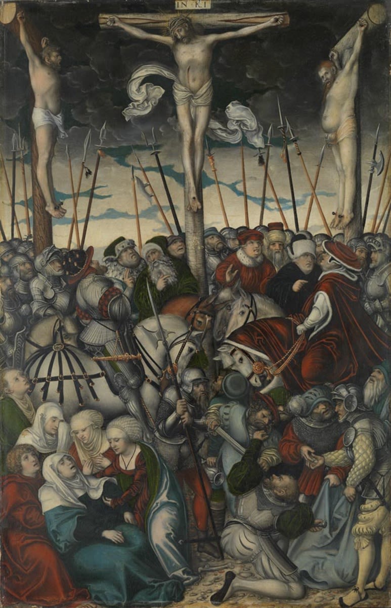 Lucas Cranach d. Ä. | Kreuzigungstriptychon: Kreuzigung Christi | Displayed motifs: Veil, Crucifixion, Wound, Person, Thorn crown, Human face, Man, 