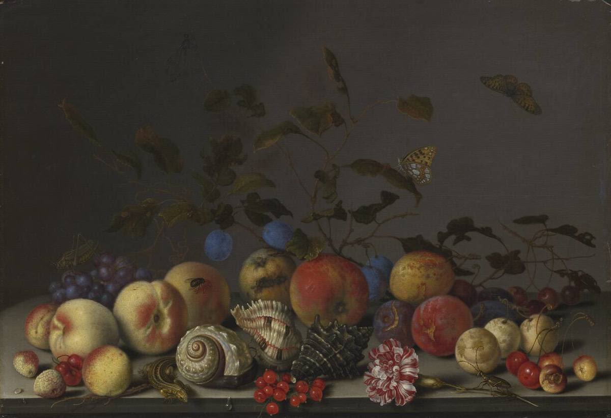 Balthasar van der Ast | Stillleben mit Früchten und Seeschneckenhäusern | Displayed motifs: Butterfly, Apple, Flower, Fruit, Food, Vegetable, 