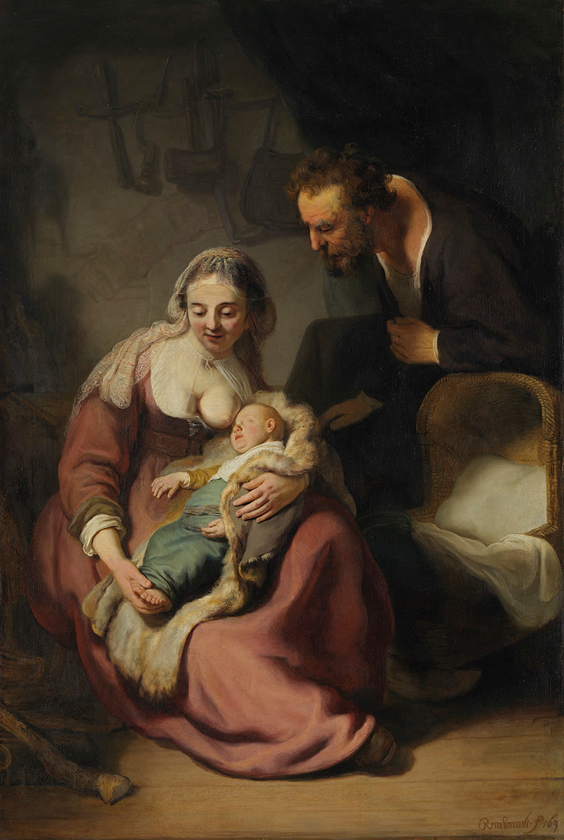 Rembrandt (Harmensz. van Rijn) | Die Heilige Familie | Displayed motifs: Madonna, Man, Latin cross, Human face, Woman, Clothing, Footwear, 