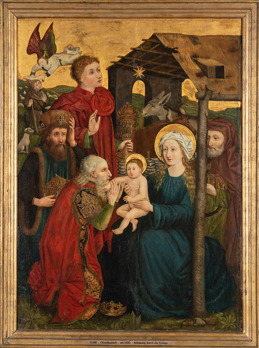Oberdeutsch um 1490 | Anbetung der Könige | Displayed motifs: Angel, Halo, Madonna, Clothing, Human face, Woman, Animal, 