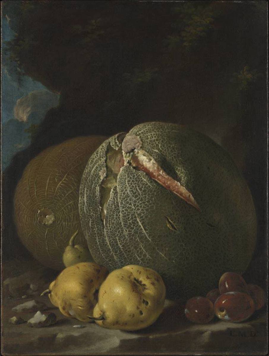 Luis Meléndez | Melonen, Quitten und Pflaumen | Displayed motifs: Potato, Latin cross, Fruit, 