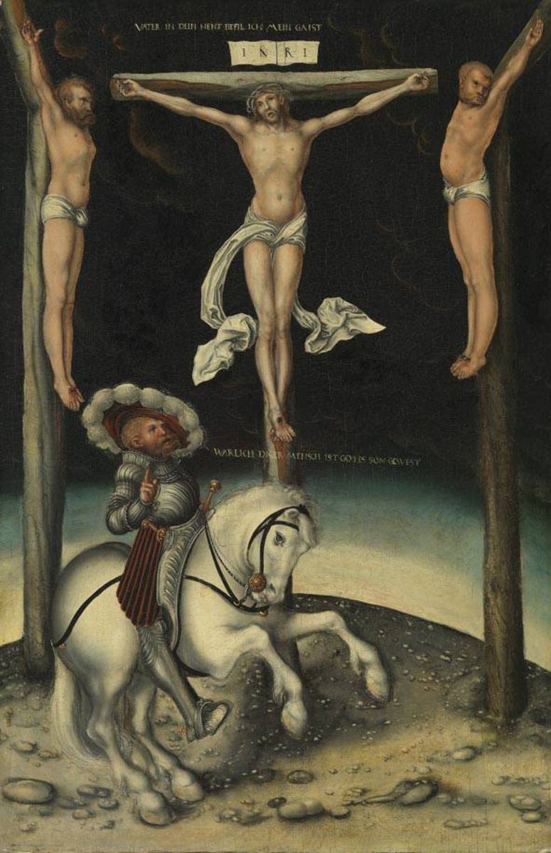 Lucas Cranach d. Ä. oder d. J.(?) | Der gute Hauptmann unter dem Kreuz Christi | Displayed motifs: Wound, Person, Man, Crucifixion, Human face, Horse, Clothing, 