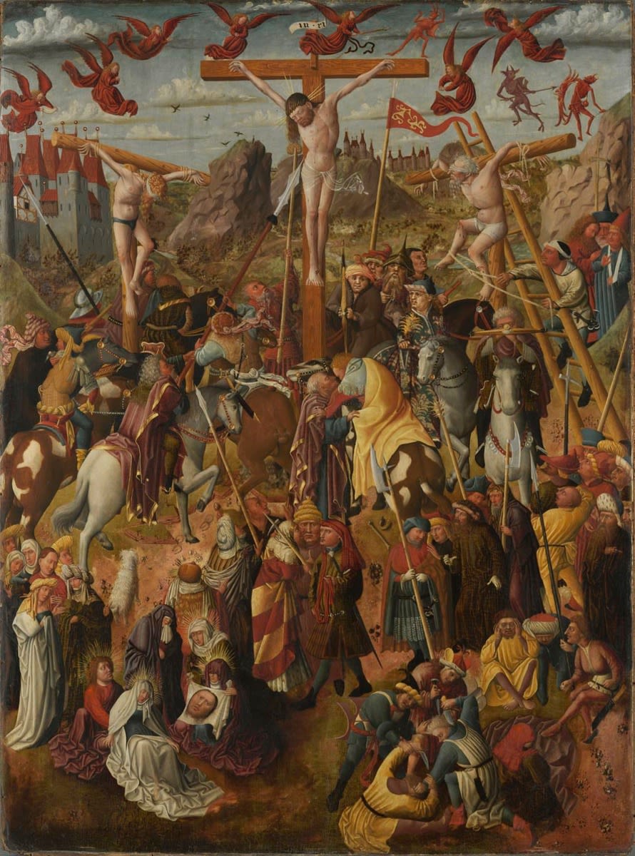 Meister der Benediktbeurer Kreuzigung | Kreuzigung Christi | Displayed motifs: Halo, Angel, Crucifixion, Clothing, Person, Veil, 