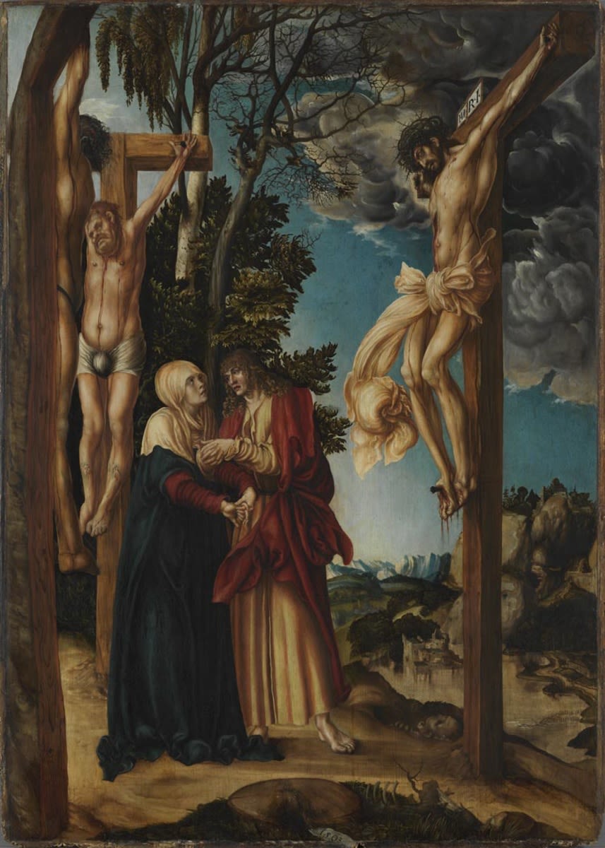 Lucas Cranach d. Ä. | Klage unter dem Kreuz | Displayed motifs: Veil, Crucifixion, Thorn crown, Wound, Woman, Person, Clothing, 