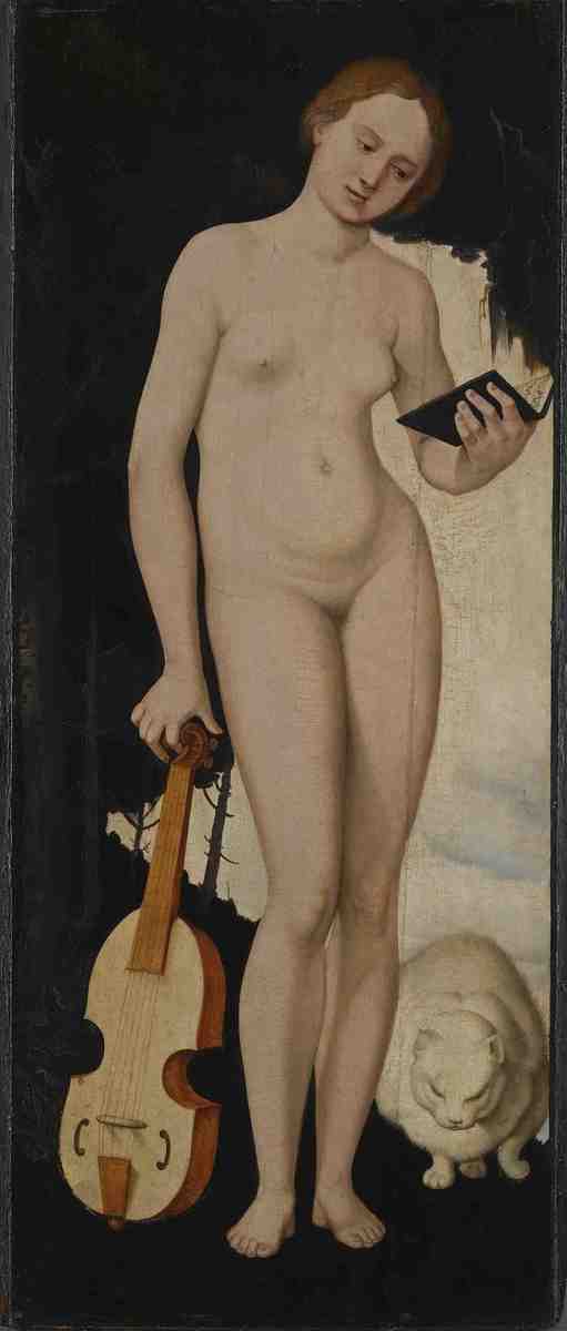 Hans Baldung gen. Grien | Allegorische Frauengestalt mit Liederbuch, Viola und Katze | Displayed motifs: Human face, Cat, Guitar, Coat of arms, Woman, Man, Person, 