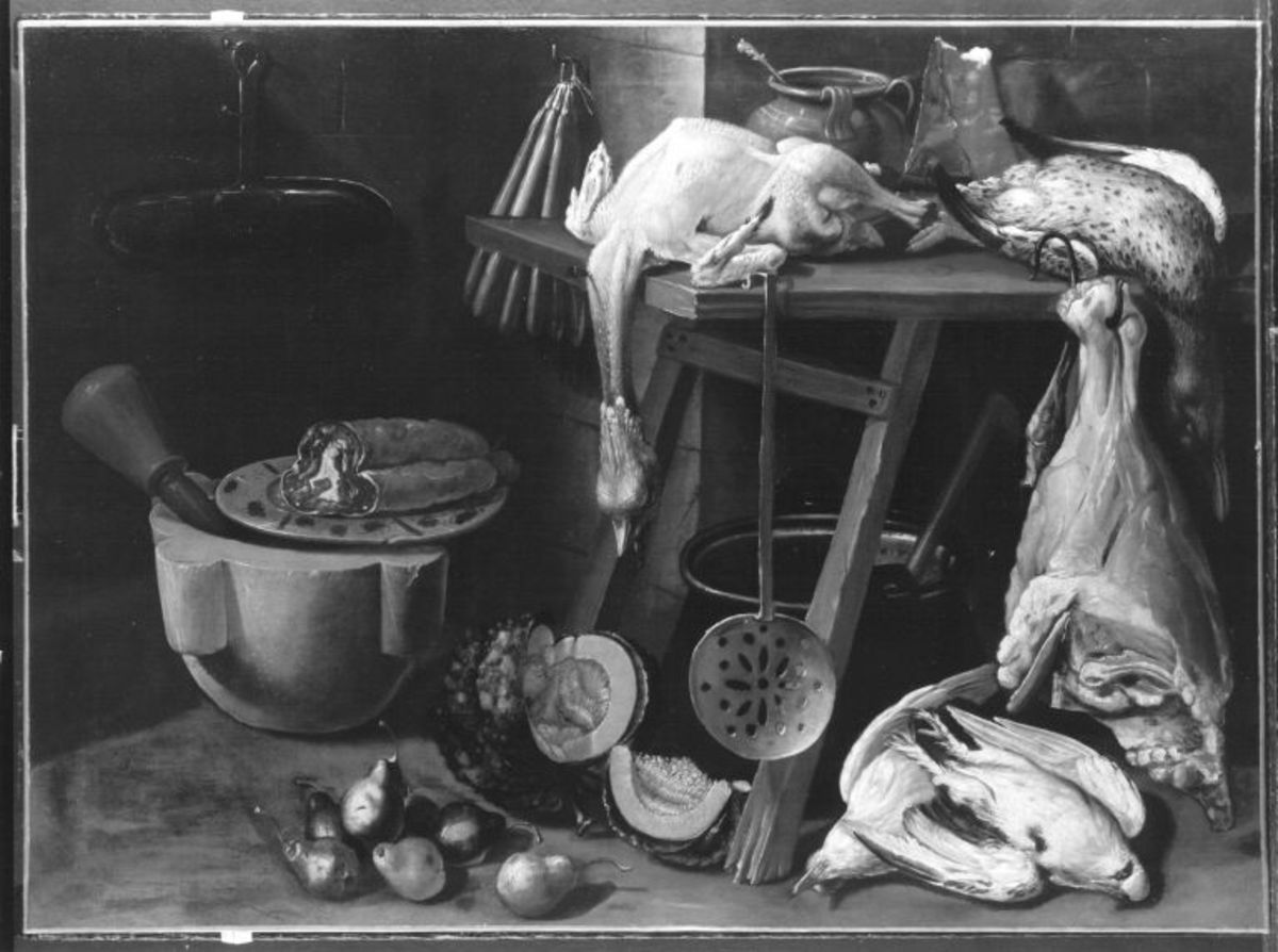 Italienisch | Küchenstillleben | Displayed motifs: Food, Coat of arms, Tableware, 