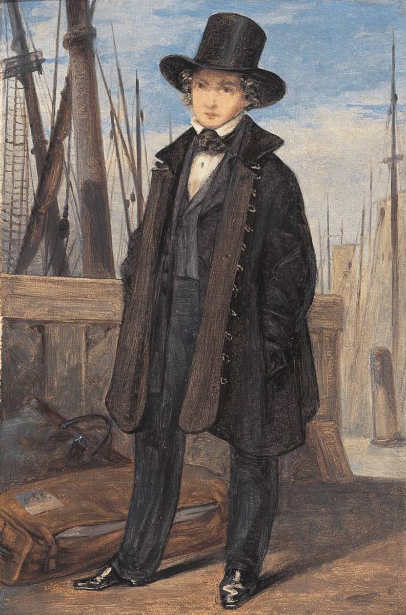 Georg Friedrich Kersting | Richard Kersting am Hafenpier | Displayed motifs: Person, Human face, Fedora, Man, Footwear, Sun hat, Coat, 