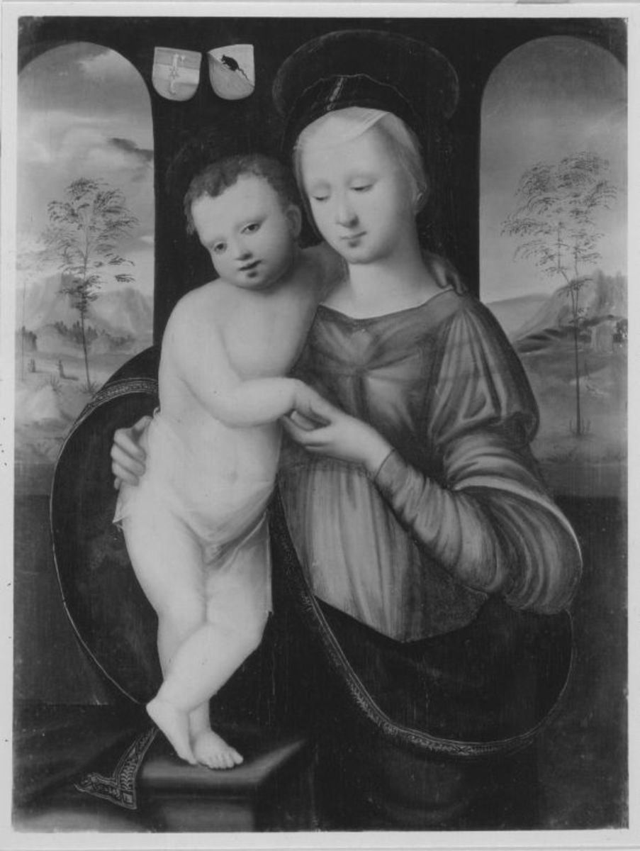 Oberitalienisch | Maria mit Kind | Displayed motifs: Halo, Coat of arms, Human face, Boy, Clothing, Footwear, Madonna, 