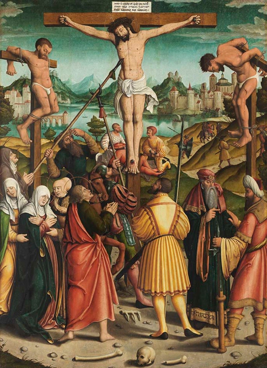 Bernhard Strigel (Umkreis) | Kalvarienberg Rückseite: Christus als Schmerzensmann | Displayed motifs: Wound, Man, Veil, Crucifixion, Person, Halo, Clothing, 