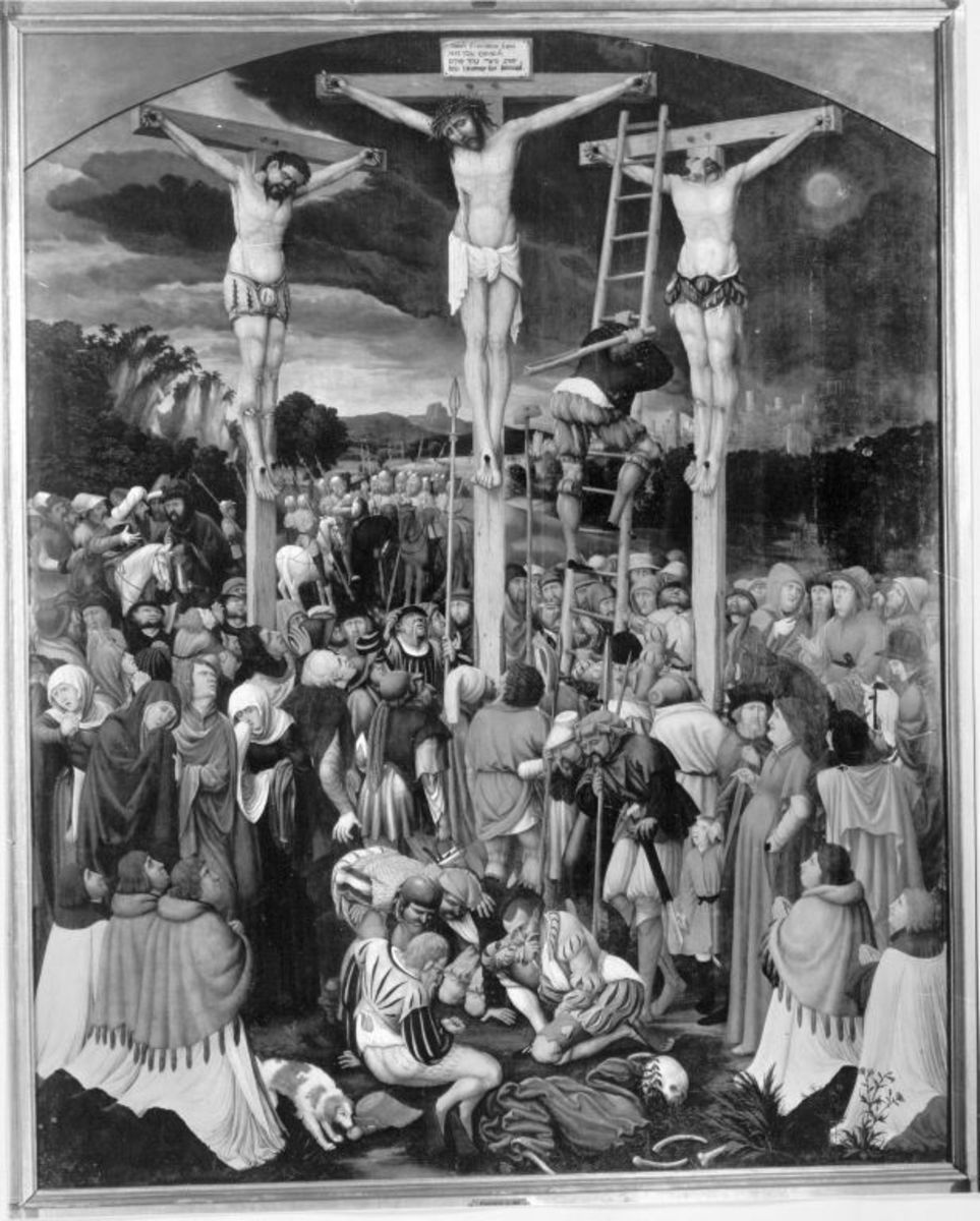 Fränkisch(?) um 1520 | Kreuzigung Christi | Displayed motifs: Crucifixion, Wound, Veil, Person, Clothing, Man, Woman, 