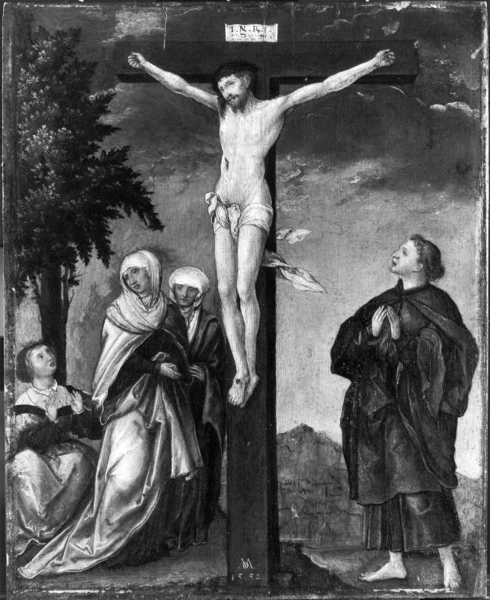 Michael Ostendorfer | Christus am Kreuz | Displayed motifs: Wound, Veil, Clothing, Man, Crucifixion, Thorn crown, Woman, 