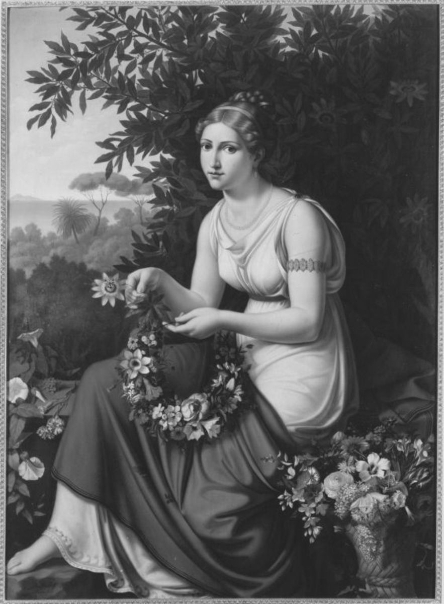 Adolf Senff | Die Blumenwinderin | Displayed motifs: Dress, Woman, Human face, Flower, Tree, Clothing, Madonna, 