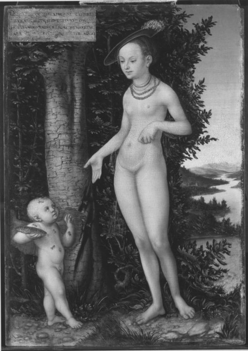 Lucas Cranach d. Ä. (Schule) | Venus mit Amor als Honigdieb | Displayed motifs: Putto, Boy, Human face, Woman, Tree, Man, Fashion accessory, 