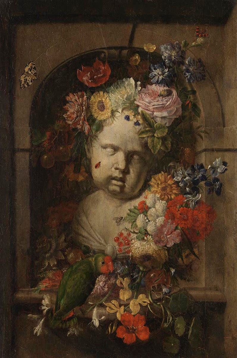 Johann Adalbert Angermeyer | Amorbüste mit Blumen | Displayed motifs: Human face, Coat of arms, Flower, Person, Parrot, Rose, Animal, 