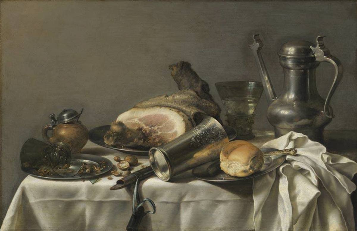 Pieter Claesz. | Imbiss mit Zinnkanne, Schinken und Silberbecher | Displayed motifs: Kettle, Animal, Jug, Table, Plate, 