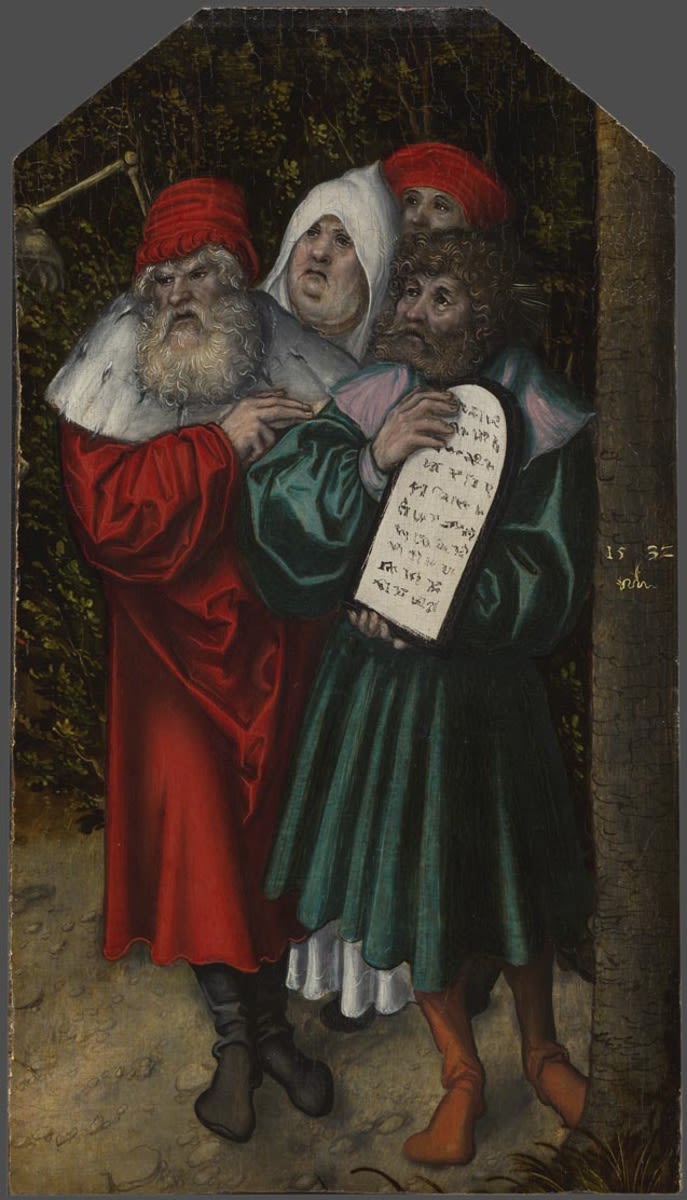 Lucas Cranach d. Ä. | Moses und Aaron mit zwei Propheten (Fragment einer Allegorie auf Gesetz und Gnade) | Displayed motifs: Veil, Human face, Clothing, Footwear, Person, Skirt, Woman, 