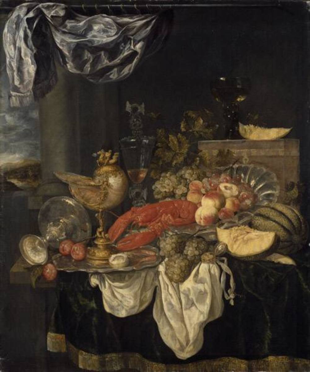 Abraham van Beyeren | Großes Stillleben mit Hummer | Displayed motifs: White dove, Shrimp, Food, Coat of arms, 