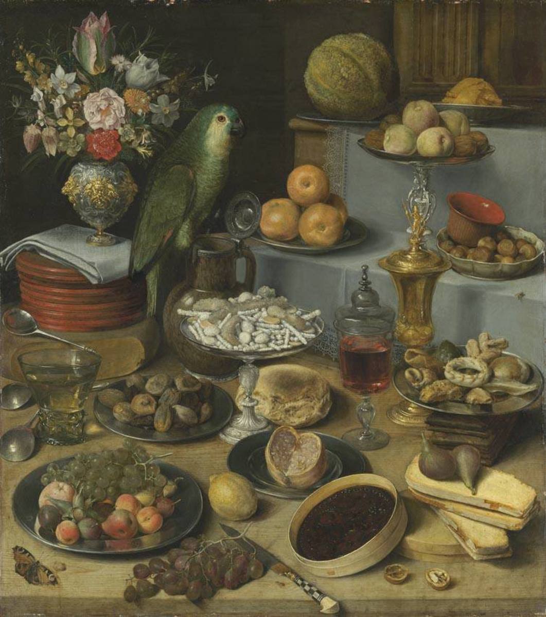 Georg Flegel | Großes Schauessen mit Papagei | Displayed motifs: Parrot, Table, Food, Coat of arms, Flower, Tableware, Drink, 