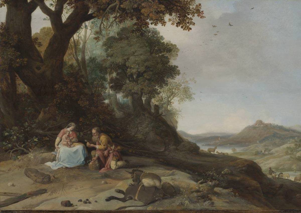 Bartholomeus Breenbergh | Landschaft mit Ruhe auf der Flucht | Displayed motifs: Madonna, Tree, Woman, Clothing, Person, Man, 