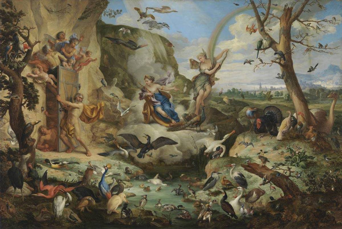 Johann Rudolf Bys | Die Luft (aus der Folge der Vier Elemente) | Displayed motifs: Ostrich, Tree, Person, Angel, White dove, Bird, Crucifixion, 