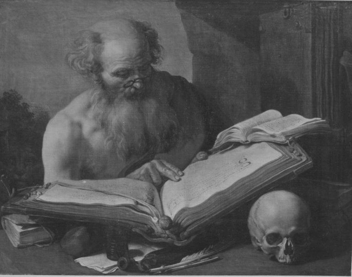 Hendrick Bloemaert | Der hl. Hieronymus | Displayed motifs: Human face, Skull, Man, Furniture, 