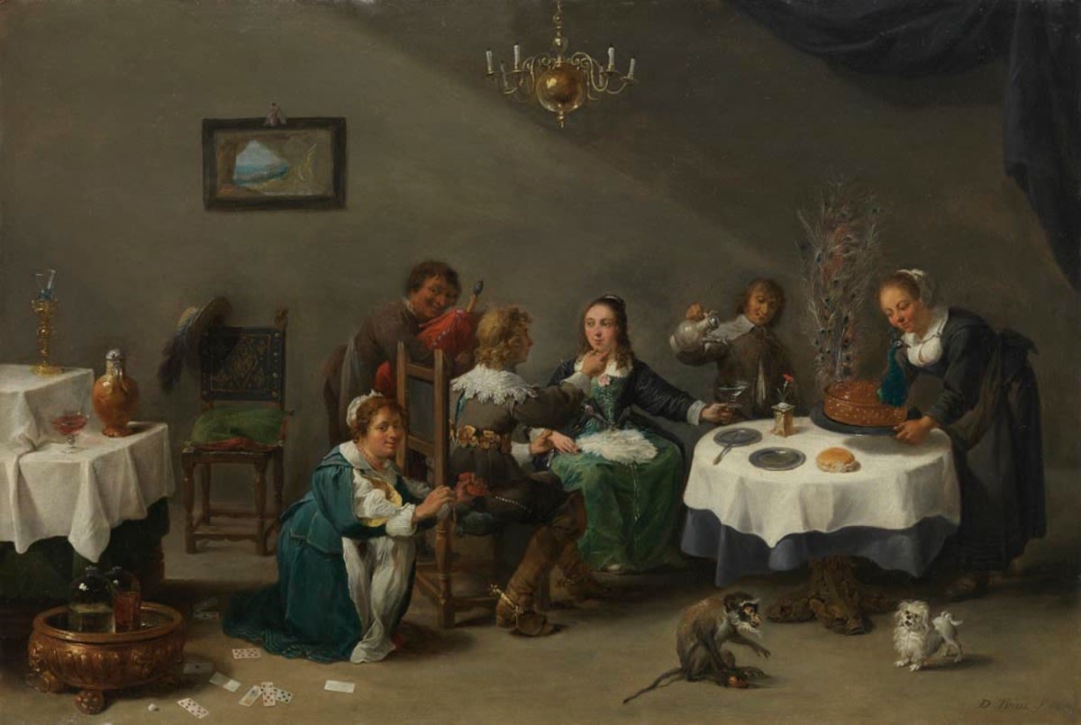 David Teniers d. J. | Der verlorene Sohn | Displayed motifs: Table, Monkey, Woman, Clothing, Man, Human face, Chair, 