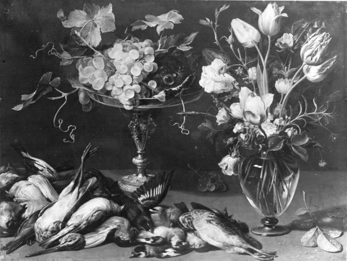 Frans Snyders | Stillleben mit Trauben, Blumen und toten Vögeln | Displayed motifs: Vase, Flower, Fish, Coat of arms, Angel, 
