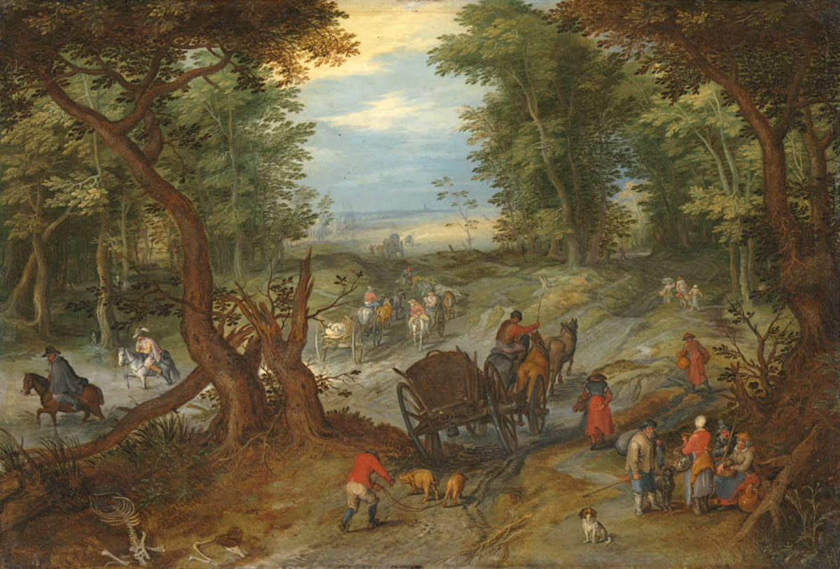 Jan Brueghel d. Ä. (Werkstatt) | Waldstraße mit Reisenden | Displayed motifs: Cart, Tree, Person, Latin cross, Wheel, 