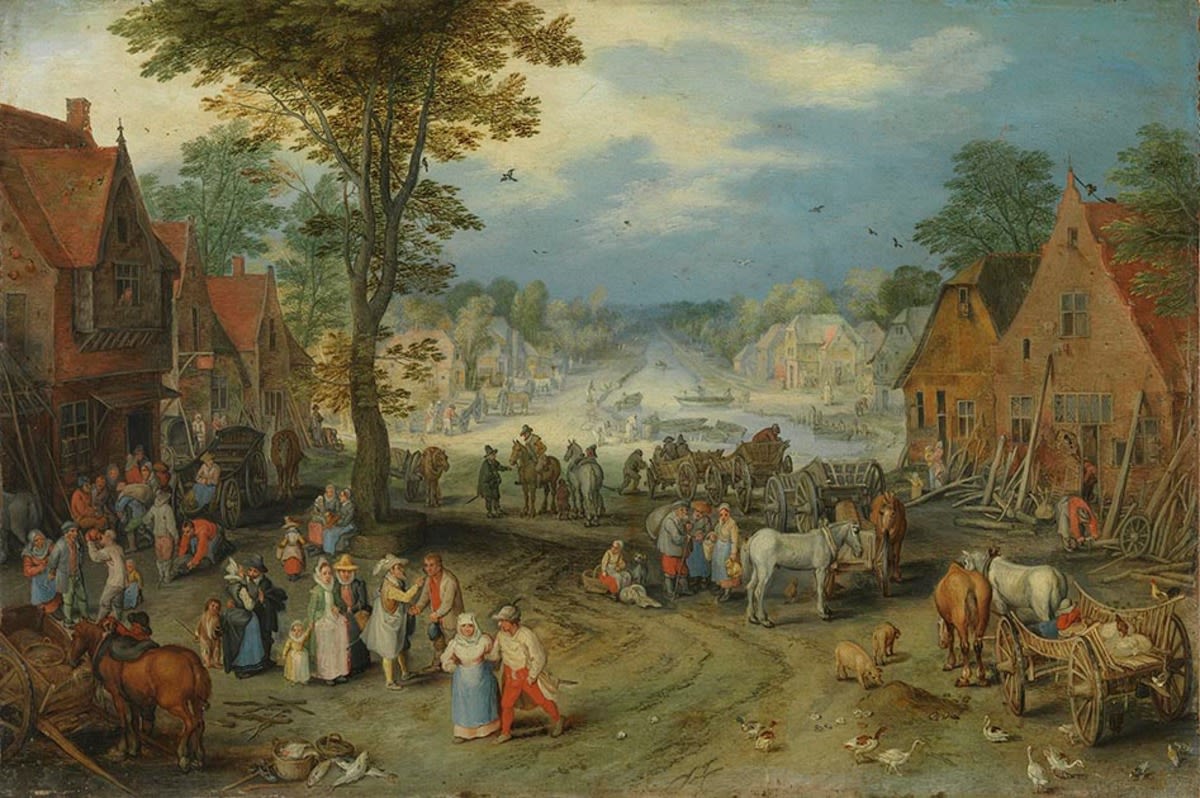 Jan Brueghel d. Ä. (Werkstatt) | Belebter Dorfplatz | Displayed motifs: Cart, Tree, Person, Cattle, Wheel, Bull, Building, 