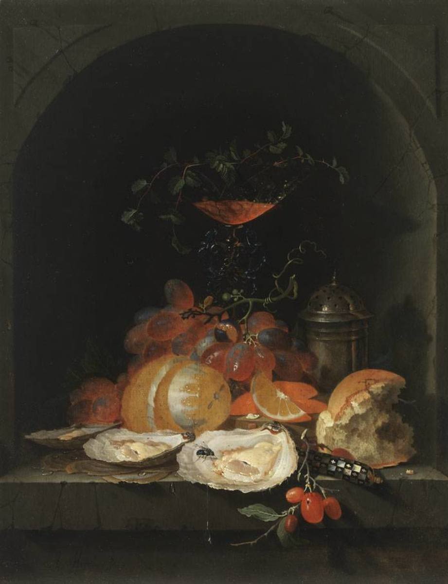 Abraham Mignon | Stillleben mit Austern | Displayed motifs: Fruit, Latin cross, Food, 