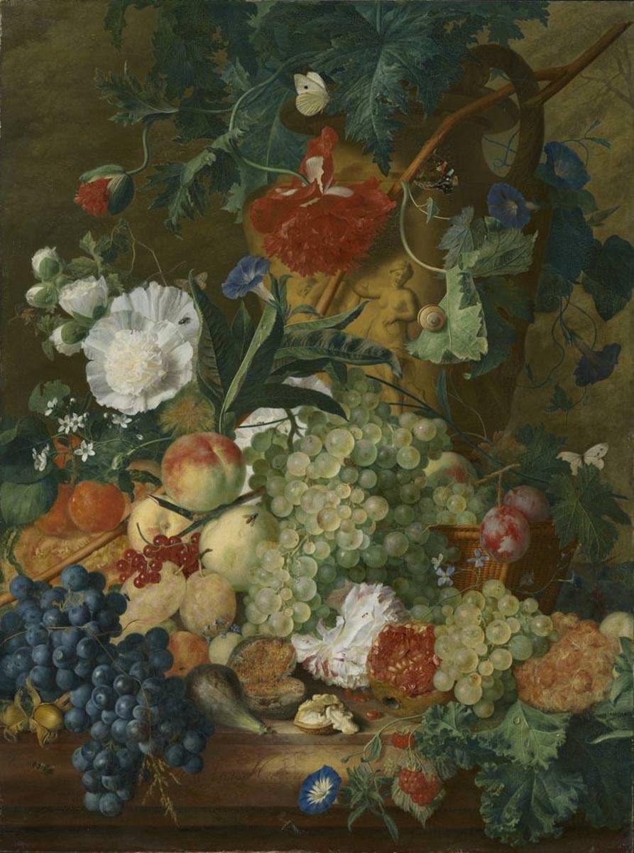 Jan van Huysum | Früchte und Blumen | Displayed motifs: Flower, Apple, White dove, Tree, Putto, Vegetable, Coat of arms, 