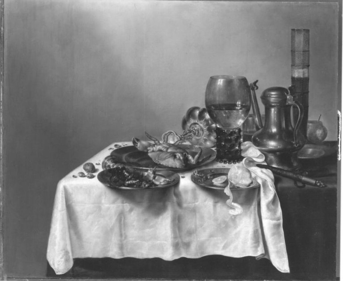 Willem Claesz. Heda | Stillleben mit Stangenglas, Zinnkanne und Weinrömer | Displayed motifs: Table, Tableware, 