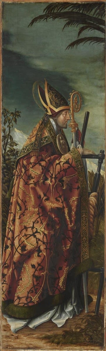 Hans Burgkmair d. Ä. | Johannesaltar, linker Flügel: Hl. Erasmus | Displayed motifs: Miter, Clothing, Person, Palm tree, Dress, Tree, Footwear, 