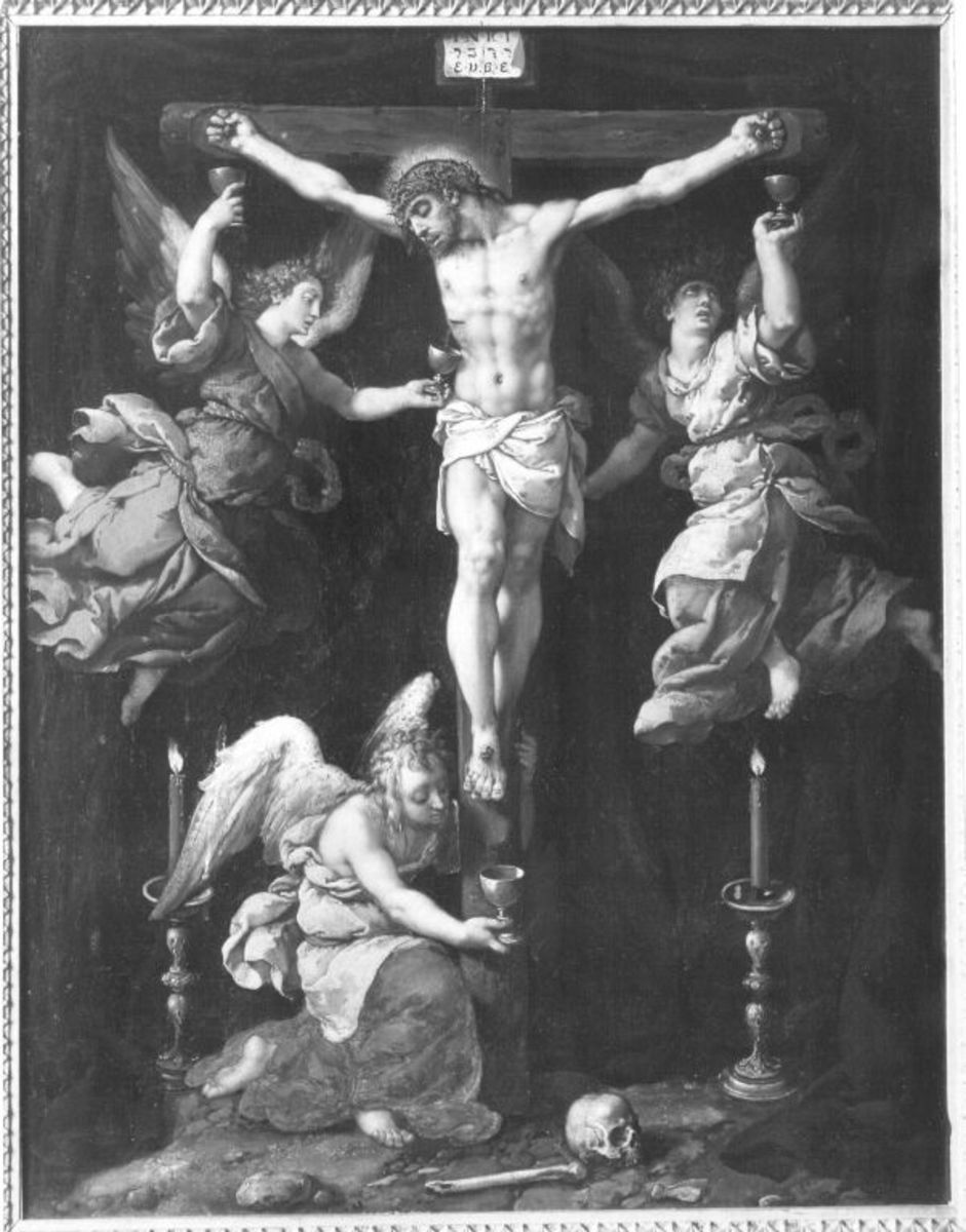 Frans Pourbus d. Ä. | Christus am Kreuz mit Engeln | Displayed motifs: Angel, Wound, Halo, Thorn crown, Clothing, Man, Crucifixion, 