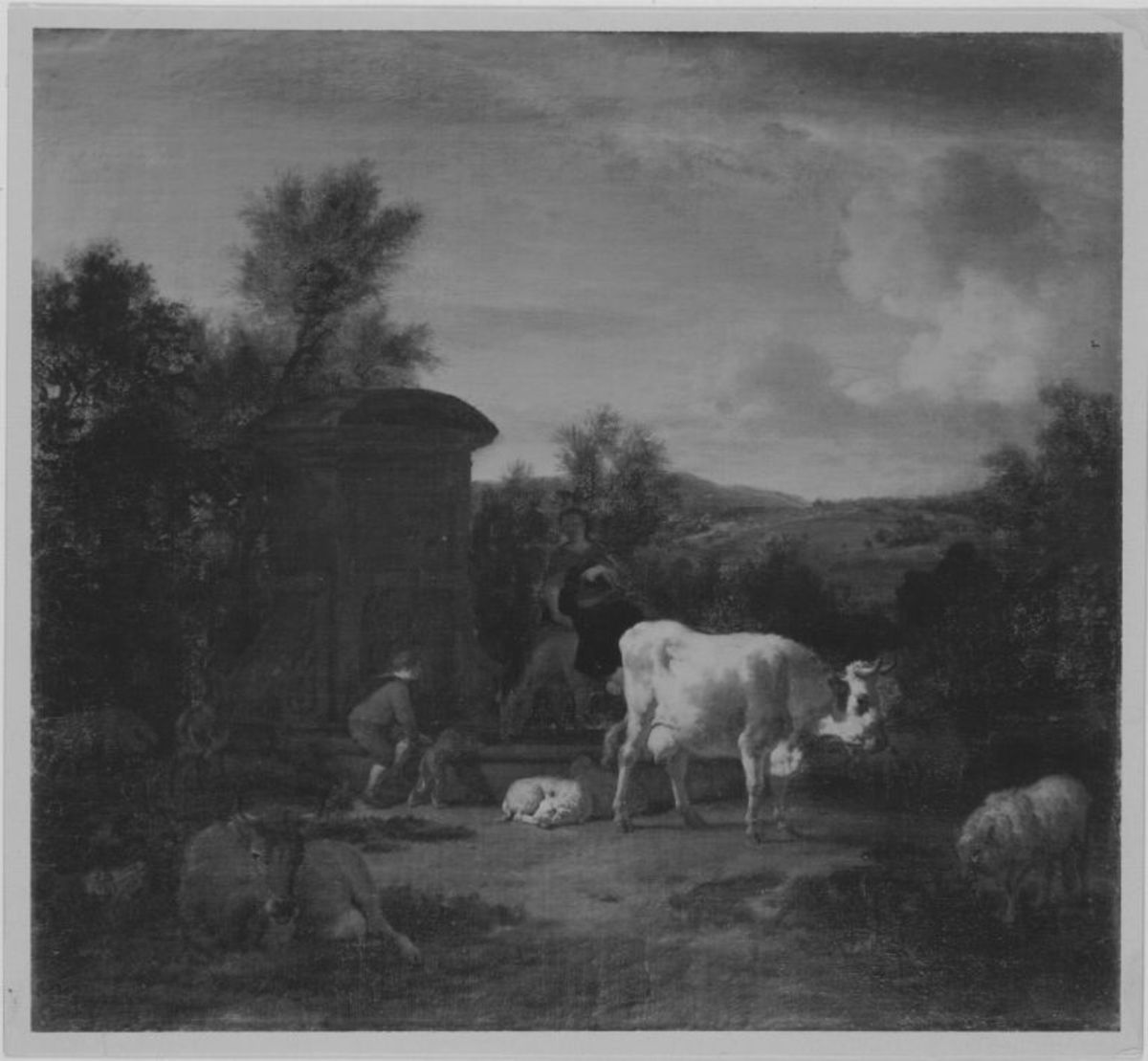 Adriaen van de Velde | Herde und Hirten am Brunnen | Displayed motifs: Cattle, Tree, Sheep, Man, Mammal, Person, 