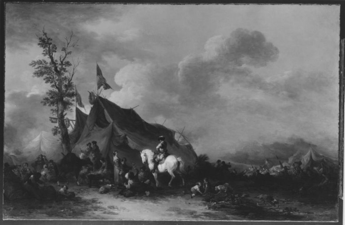 Francesco Casanova | Ein Feldlager | Displayed motifs: Tree, Person, Flag, Horse, 