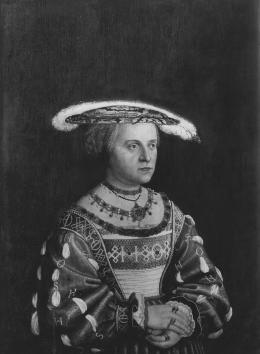 Barthel Beham | Susanna von Brandenburg, Herzogin in Bayern | Displayed motifs: Human face, Woman, Thorn crown, Clothing, Hat, Fashion accessory, Necklace, 