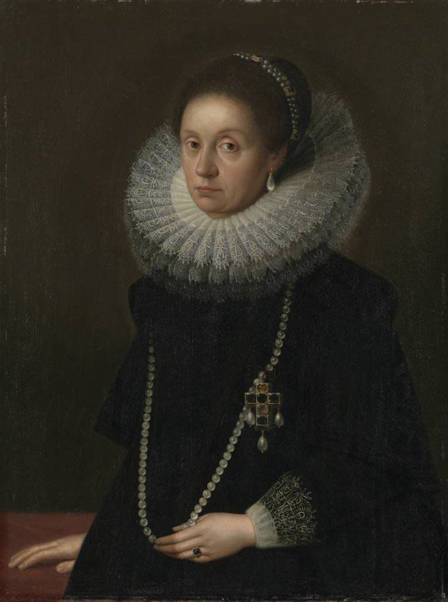 Münchner Hofmaler | Bildnis der Elisabeth Renata von Lothringen, erste Gemahlin des Kurfürsten Maximilian I. von Bayern (1574-1635) | Displayed motifs: Human face, Fashion accessory, Necklace, Woman, Clothing, Person, Halo, 