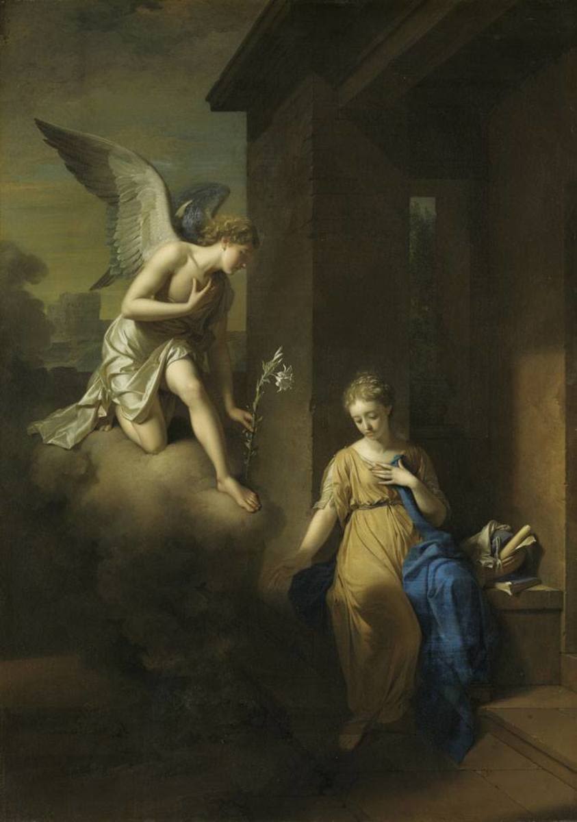 Adriaen van der Werff | Die Verkündigung Mariae | Displayed motifs: Angel, Madonna, Bird, Woman, Clothing, Human face, Person, 