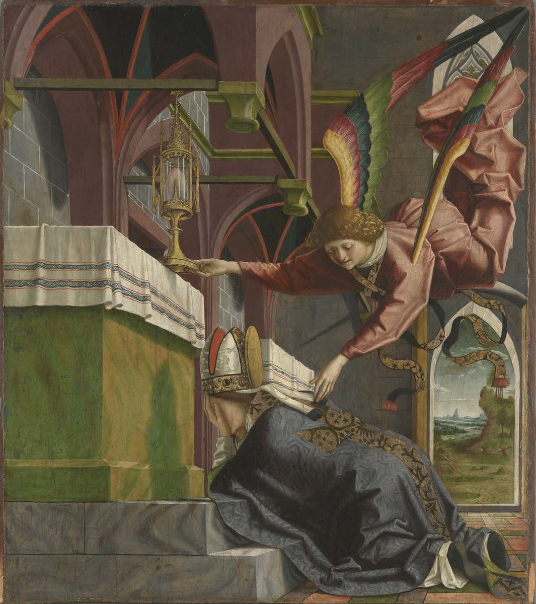 Michael Pacher | Kirchenväteraltar, Flügelaußenseite: Dem hl. Sigisbertus erscheint ein Engel mit dem Herzen des hl. Augustinus | Displayed motifs: Miter, Angel, Person, Human face, Clothing, Halo, Footwear, 