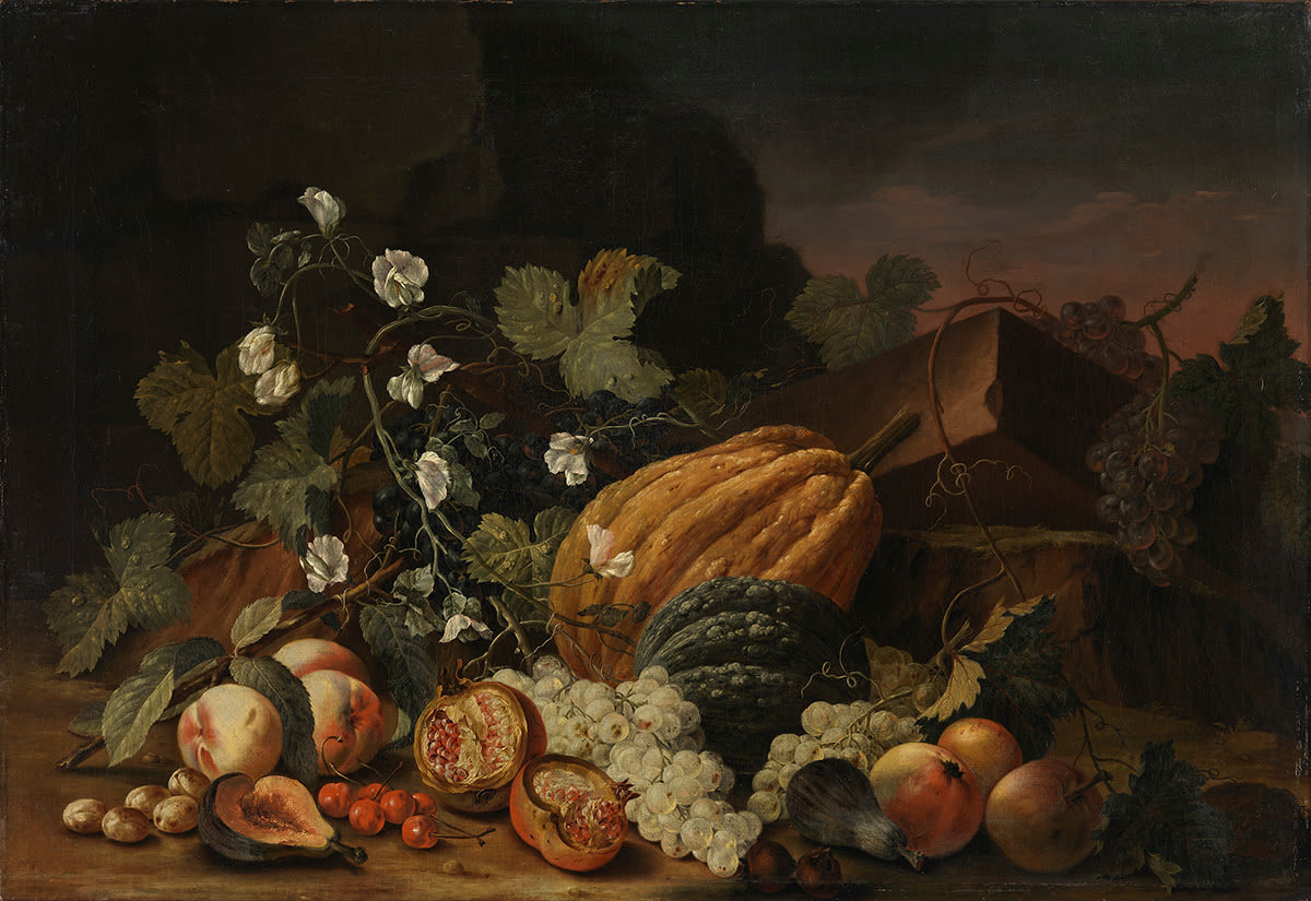 Johann Amandus Wink (Winck) | Stillleben mit Melonen und Weintrauben | Displayed motifs: Food, Coat of arms, Flower, Pumpkin, Tree, Fruit, Apple, 