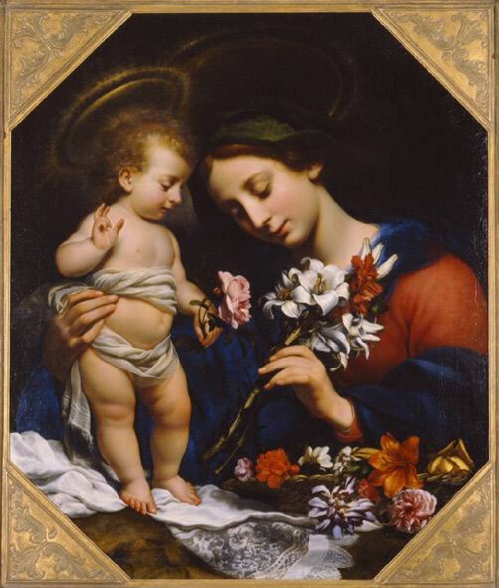 Carlo Dolci | Madonna mit der Lilie | Displayed motifs: Halo, Human face, Clothing, Girl, Woman, Flower, Madonna, 