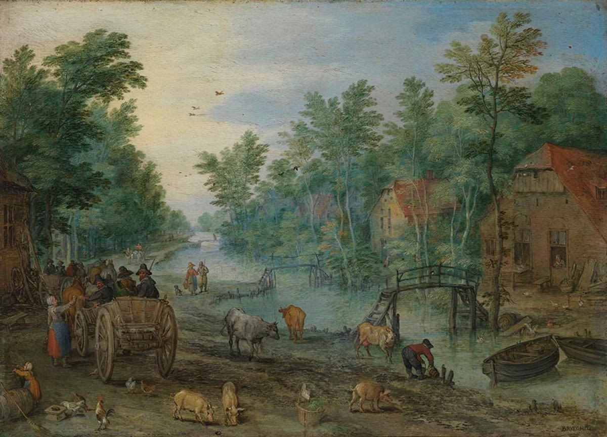 Jan Brueghel d. Ä. | Belebte Straße | Displayed motifs: Cattle, Tree, Cart, Sheep, Animal, Person, Wheel, 